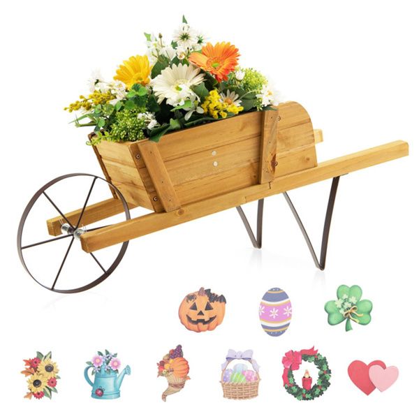 2 In 1 Wheelbarrow Planter, Wooden Wagon Planter with 9 Magnetic Accessories for Garden Yard