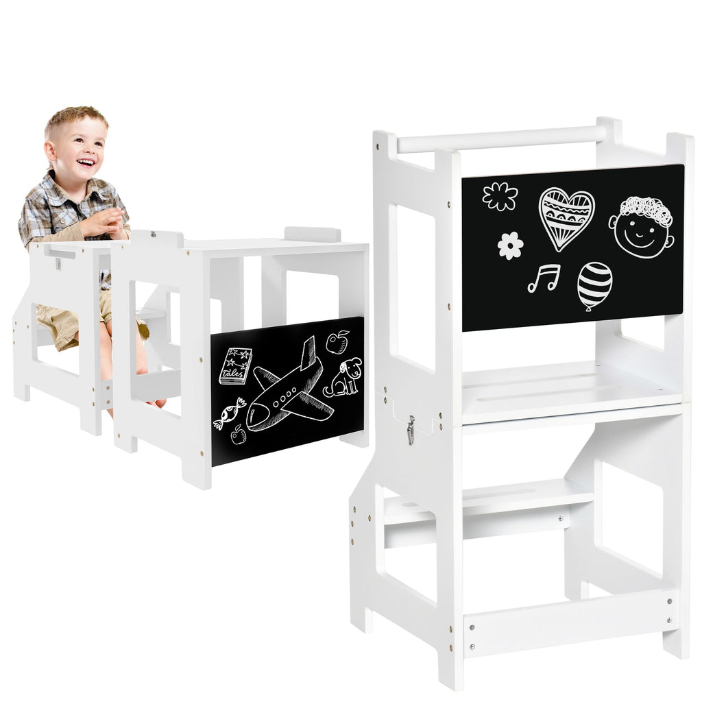 2-in-1 White Kids Kitchen Step Stool & Table Chair Set with Safety Rail & Chalkboard, Perfect for Bathroom