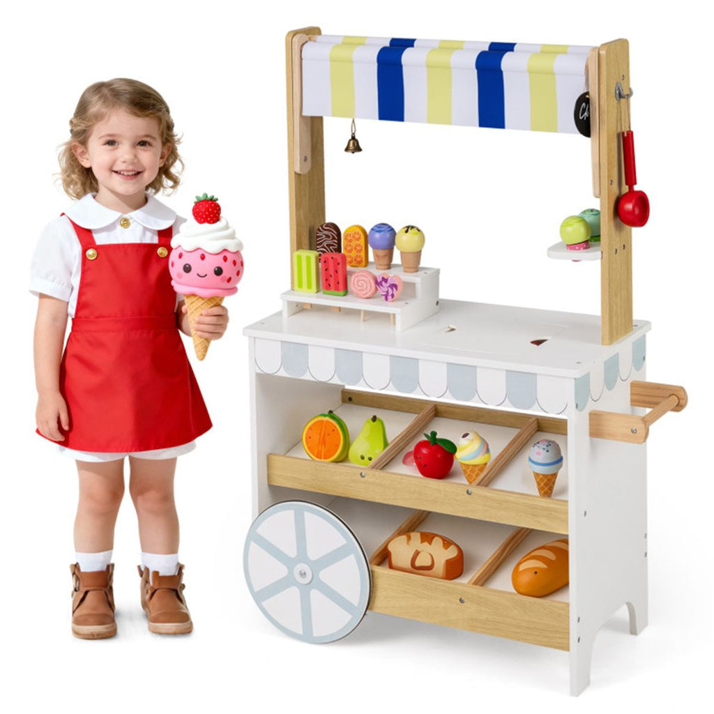 2-in-1 Wooden Grocery Store & Ice Cream Cart Playset with Accessories