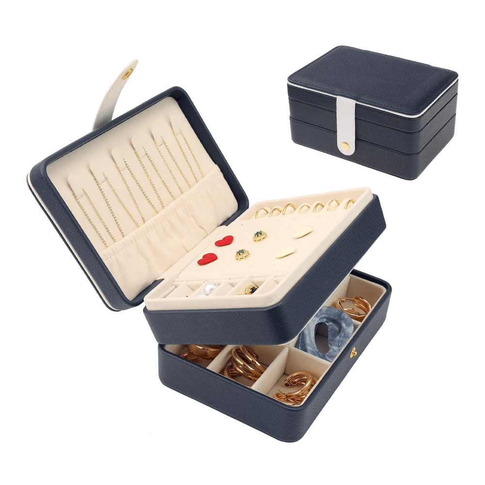 2 Layer Jewelry Box PU Leather Jewelry Organizer Case with Drawer Blue