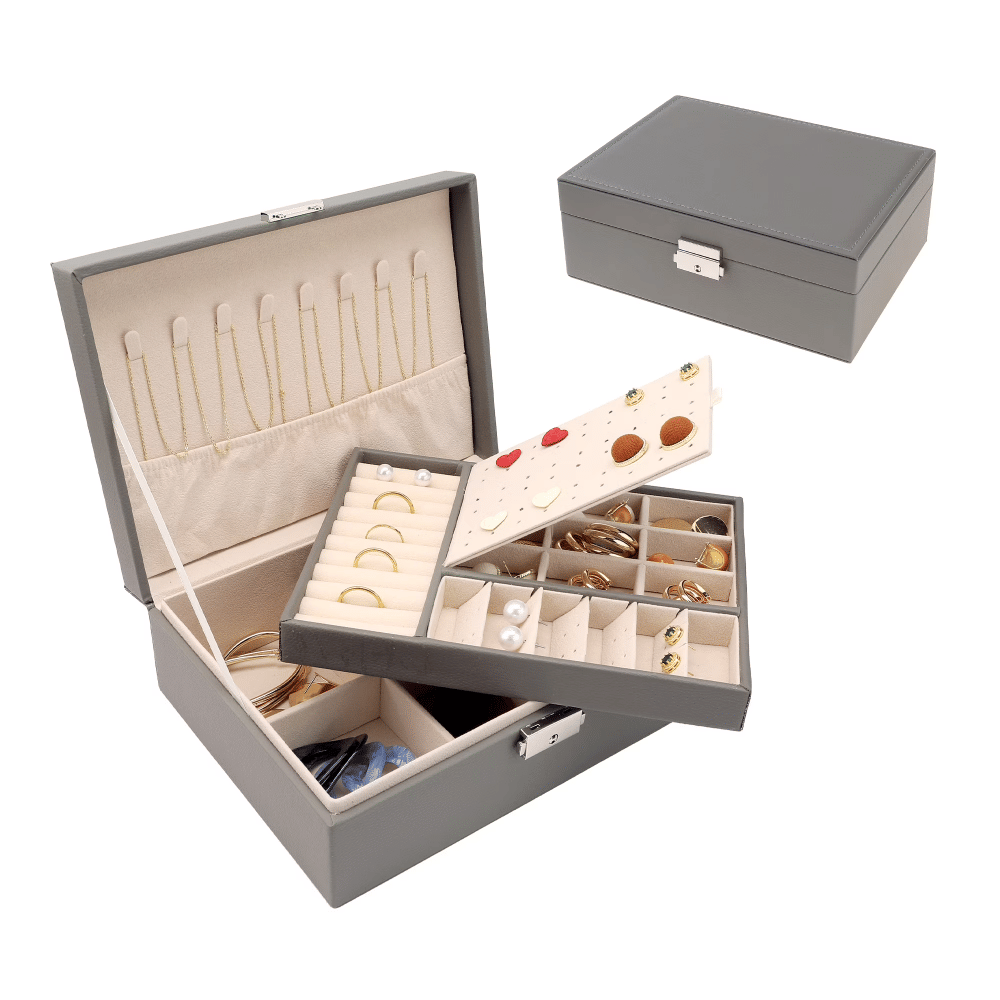2 Layer Jewelry Box PU Leather Jewelry Organizer CaseStoragewith Drawer Grey