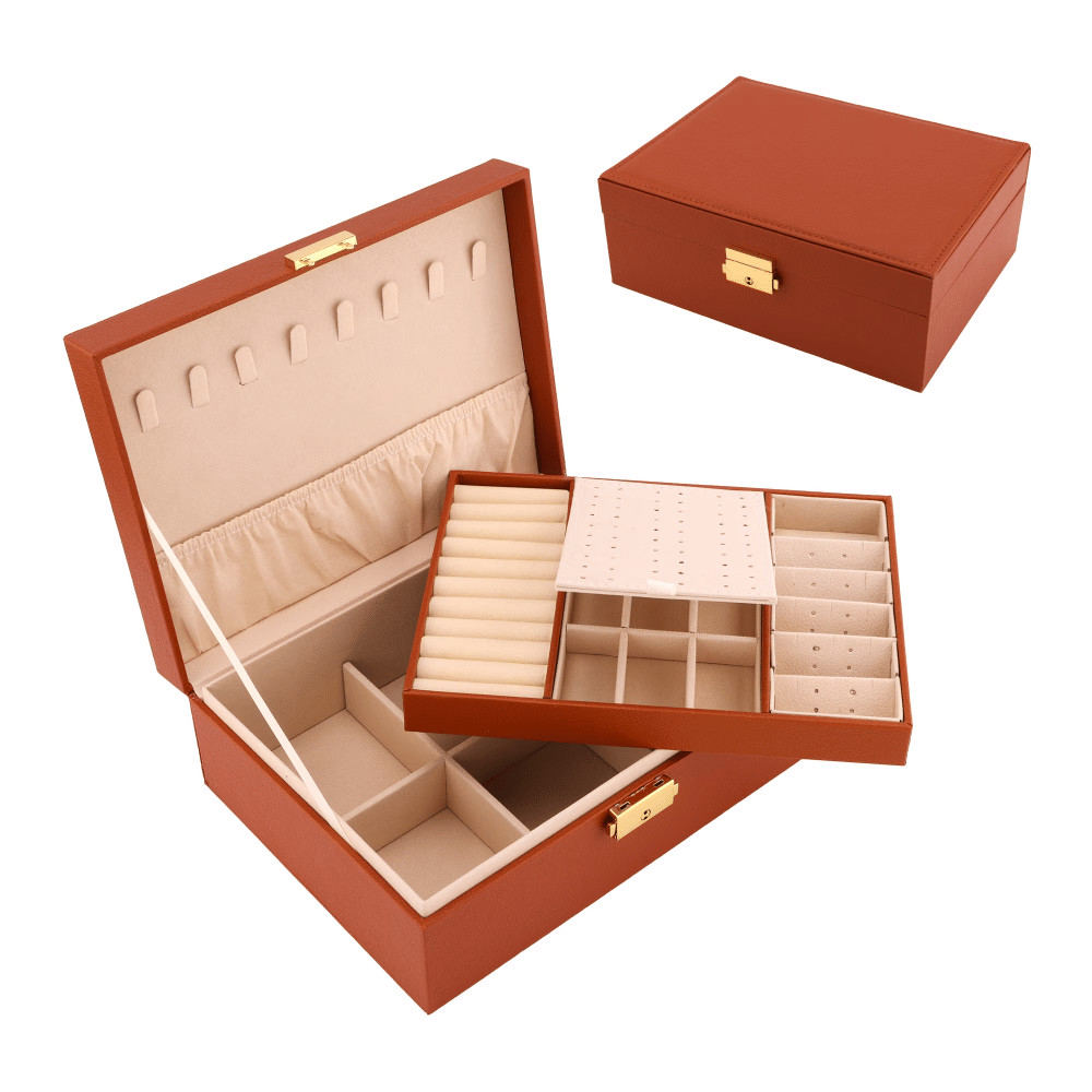 2 Layer Jewelry Box with MirrorforWomen Girls Birthday Gifts Brown