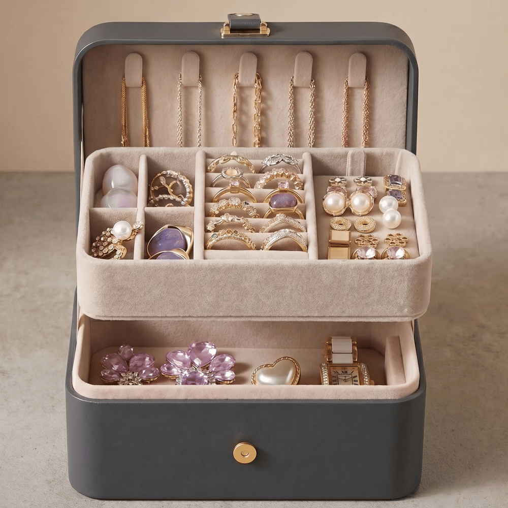 2-Layer Portable Travel Jewelry Case, Gray Luxe Organizer