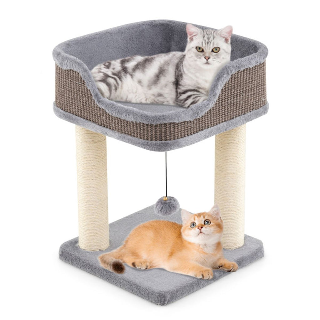 2-Level Cat Furniture - Engaging Bell + Pompom Toys, Sisal + Plush + Engineered Wood Build, Ideal for Tight Spaces