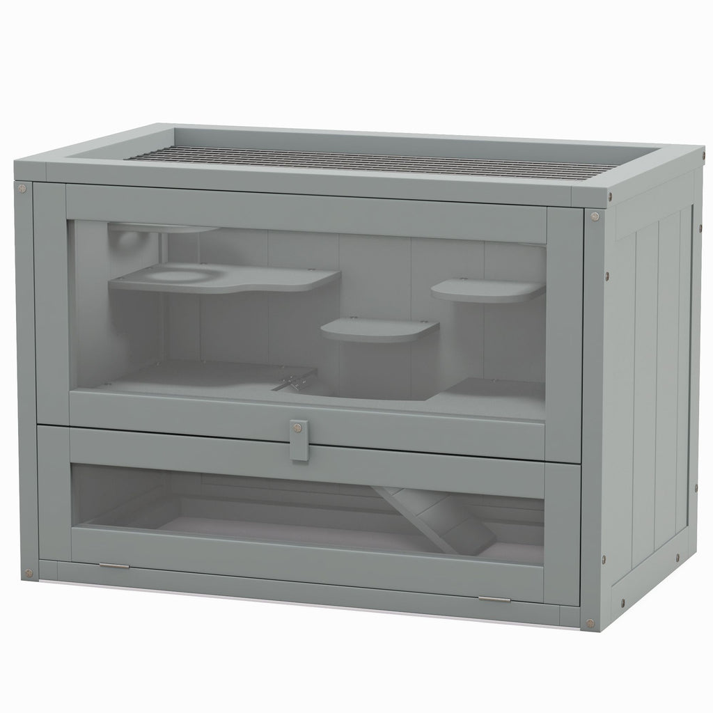 2-Level Hamster Home, Openable Top & Door, Includes Shelf & Ladder, Space-Saving Design, Gray