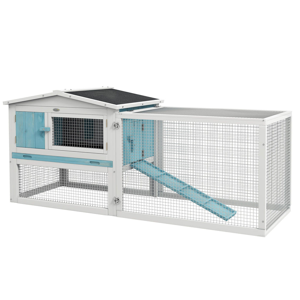 2 Levels Bunny Hutch Outdoor Rabbit Pen w Slide Out Tray Detachable Run Small Animal House Light Blue