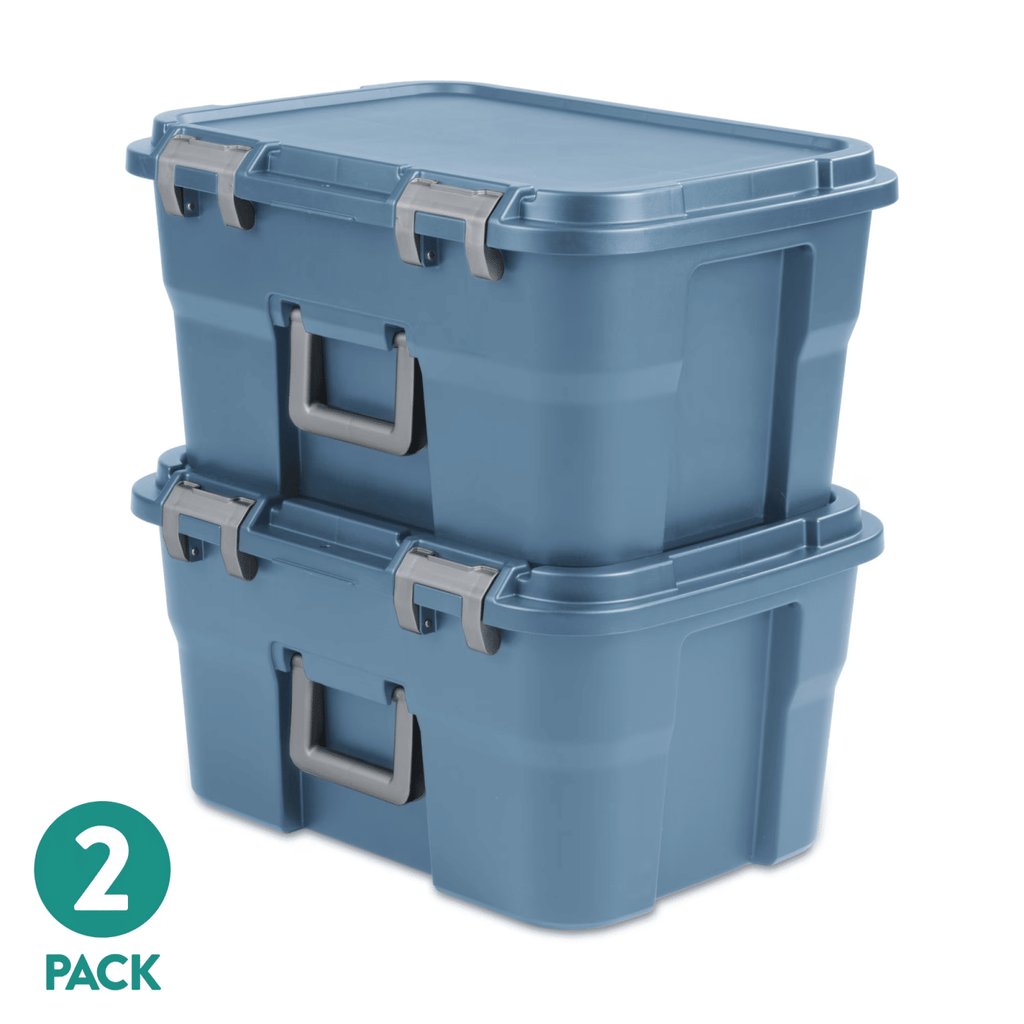 (2 pack) 14 Gallon Footlocker Storage Bin, Heavy Duty Plastic Storage Trunk Container, Lockable with Handle, Blue