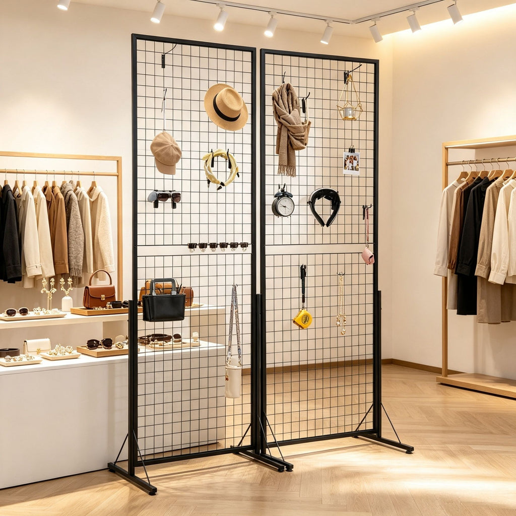 2-Pack 2' x 5.6' Gridwall Display Tower, Double-Sided Floorstanding Rack with T-Base & Clips