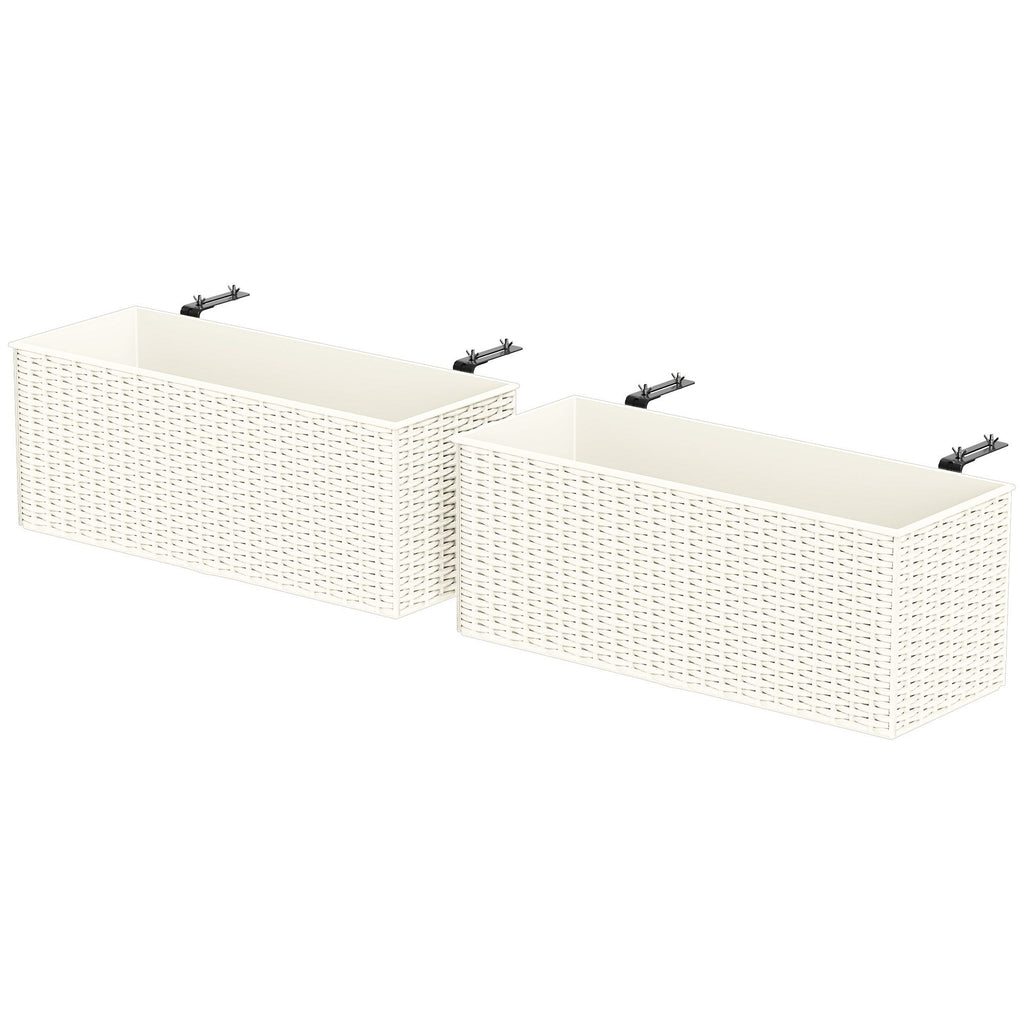 2 Pack 20 Inch Railing Flower Pots, Hanging Flower Pots with Hooks, Drainage Holes for Fence, Rattan Look, White