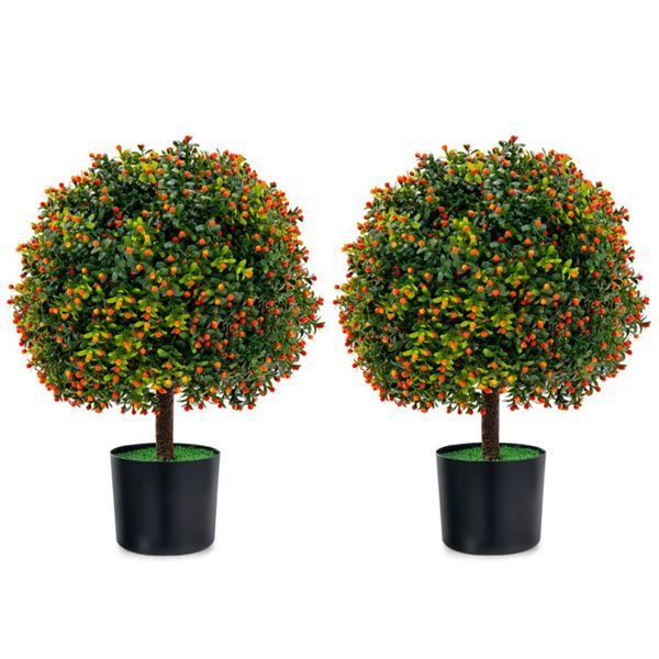 2-Pack 22" Artificial Topiary Ball Tree - 15" Boxwood Balls+Orange Fruits, PE/PVC+Cement, Green+Orange