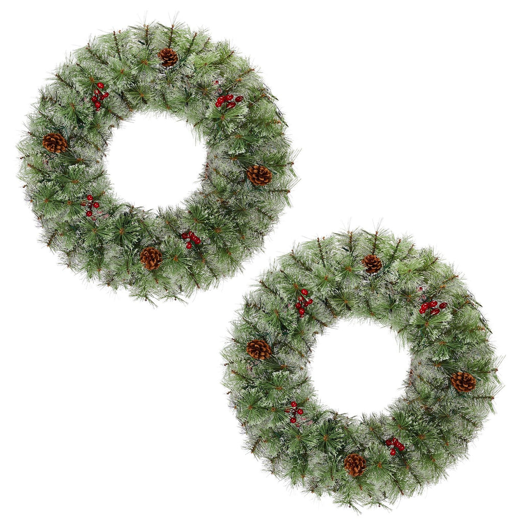 2 Pack 24in Pre-lit Christmas Wreath, Lighted Artificial Xmas Wreath with 100 Warm Lights and 150 Tips and Red Berries Pine Cones, for Front Door Gate Wall Xmas Party Decorations