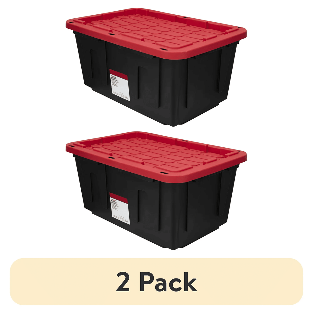 (2 pack) 27 Gallon Large Storage Bin with Snap Lid, Black and Red, Heavy Duty Plastic Storage Container (Shipment from Walmart)