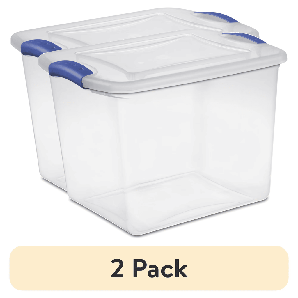 (2 pack) 27 Quart Medium Latching Storage Bin, Clear Plastic Stoarge Conatiner with Latch Lid, Blue