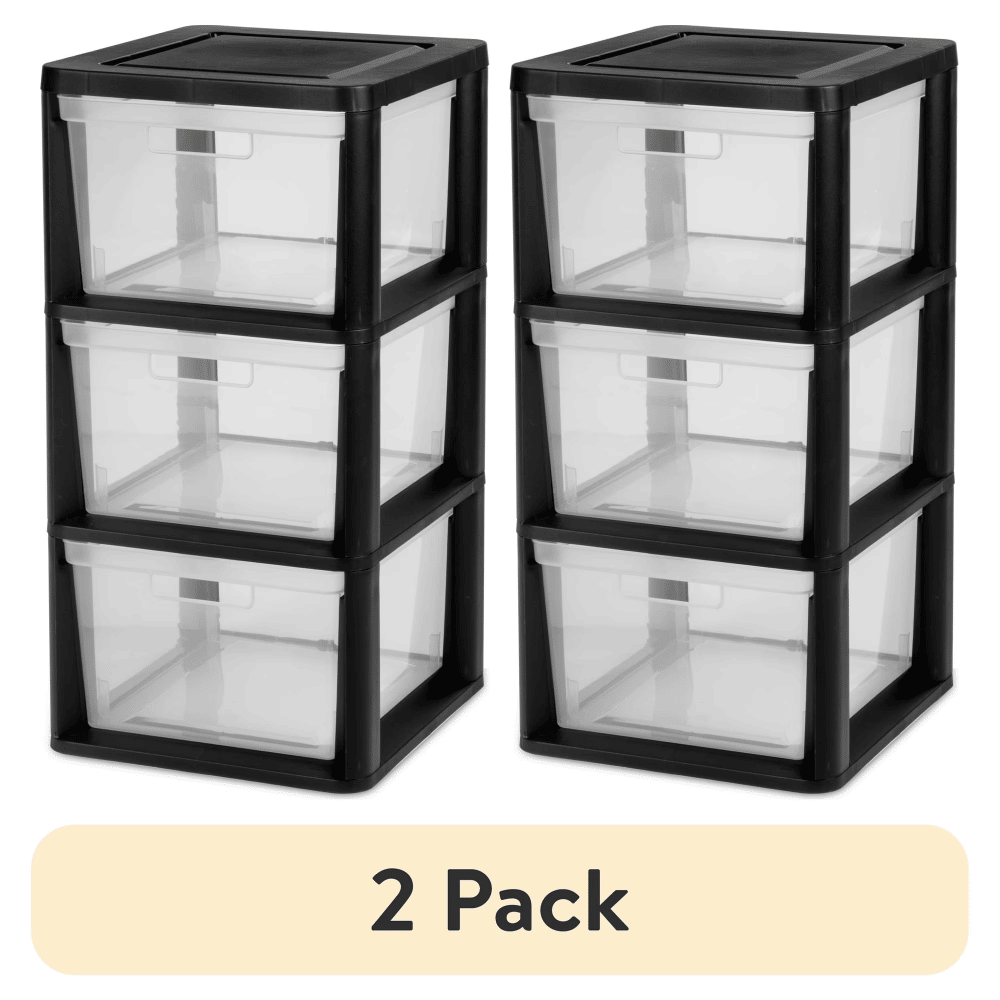 (2 pack) 3 Drawer Tower, Plastic Storage Organizer with Removable Clear Bins, Easy to Assemble - No Tools Needed, Black (Shipment from Walmart)