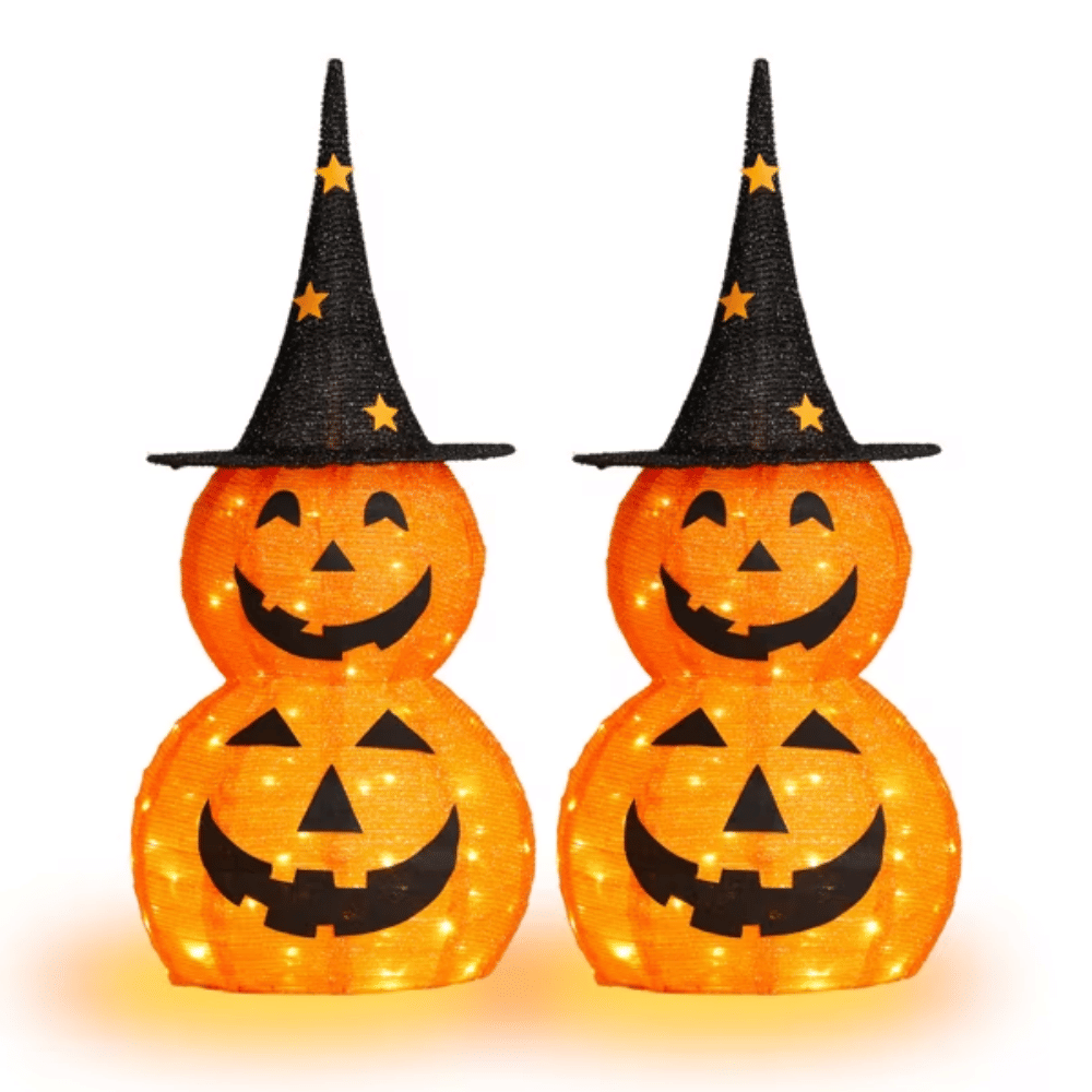 2-Pack 3 ft Lighted Pop-Up Pumpkin Halloween Decorations with Witch Hats and 150 LEDs Total, Orange and Black