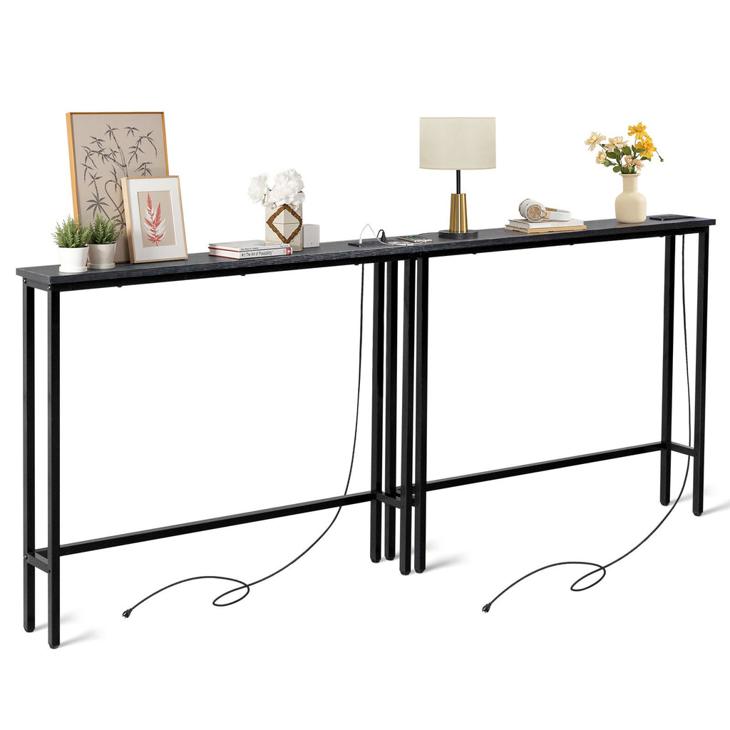2 Pack 39.4" Narrow Console Sofa Table with Power Outlets and USB Ports, Long Couch Table with Metal Frame and Charge Station with 4.9ft Extension Cord, Black