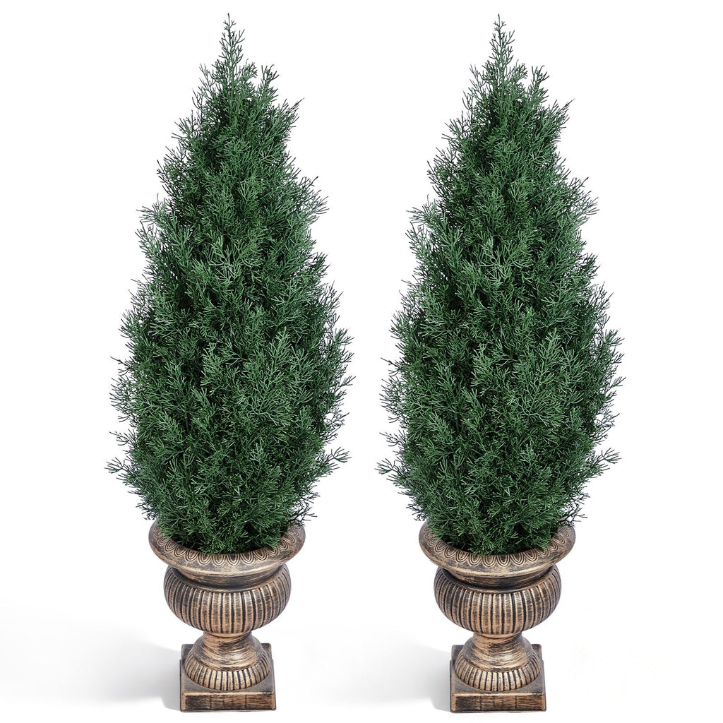 2 Pack 3FT Artificial Potted Trees, Dark Green PE Faux Plants with 360 Dense Branch Tips, Antique Bronze Champion Pots, Pre-Potted Decorative Trees for Home Office Everyday Decor