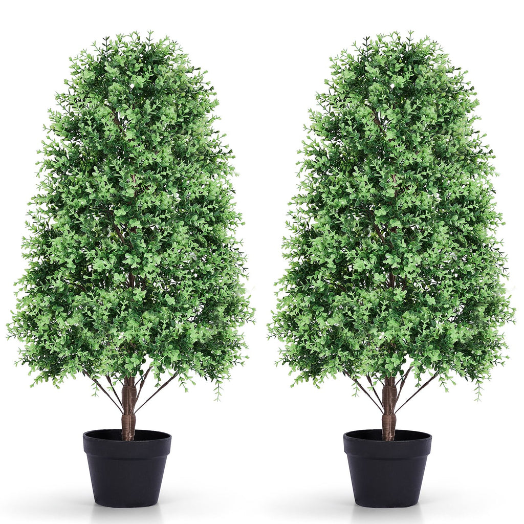 2 Pack 3FT Artificial Potted Trees, Two-Tone Green Small Round Leaf PE Faux Plants with 148 Tips, Black Round Pots, Pre-Potted Decorative Trees for Home Office Everyday Decor
