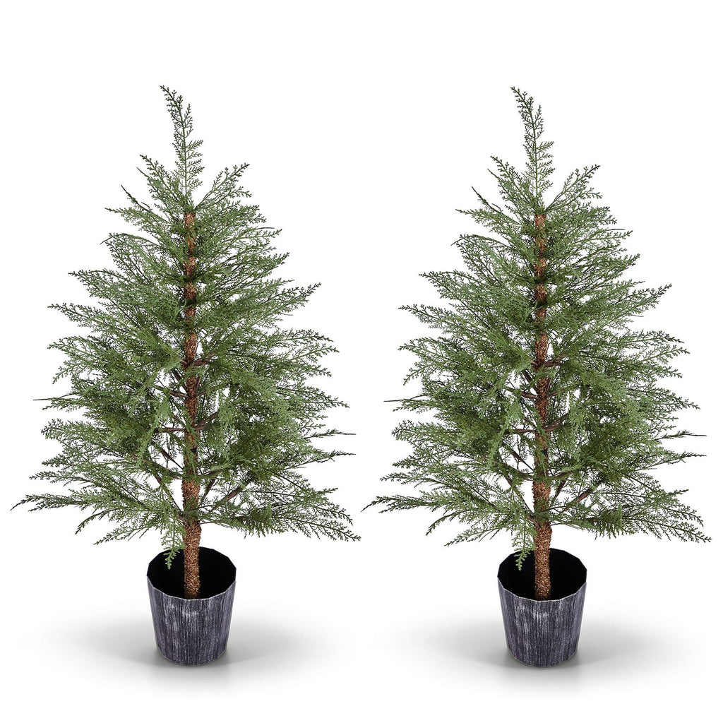 2 Pack 4FT Artificial Potted Trees, Dark Green PE Faux Plants with 342 Open Branch Tips, Black Brushed Silver Faceted Pots, Pre-Potted Decorative Trees for Home Office Everyday Decor