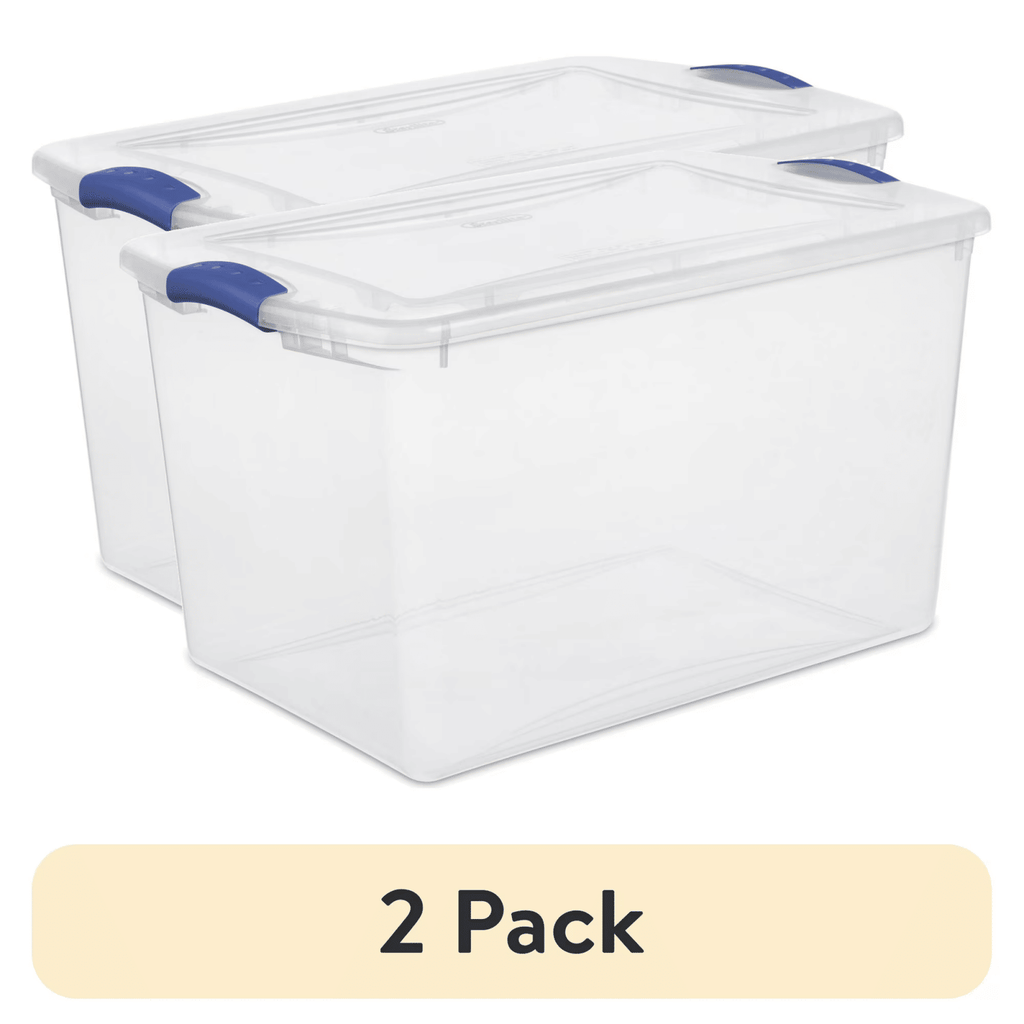 (2 pack) 66 Quart Large Latching Storage Bin, Clear Plastic Storage Container with Latch Lid, Blue