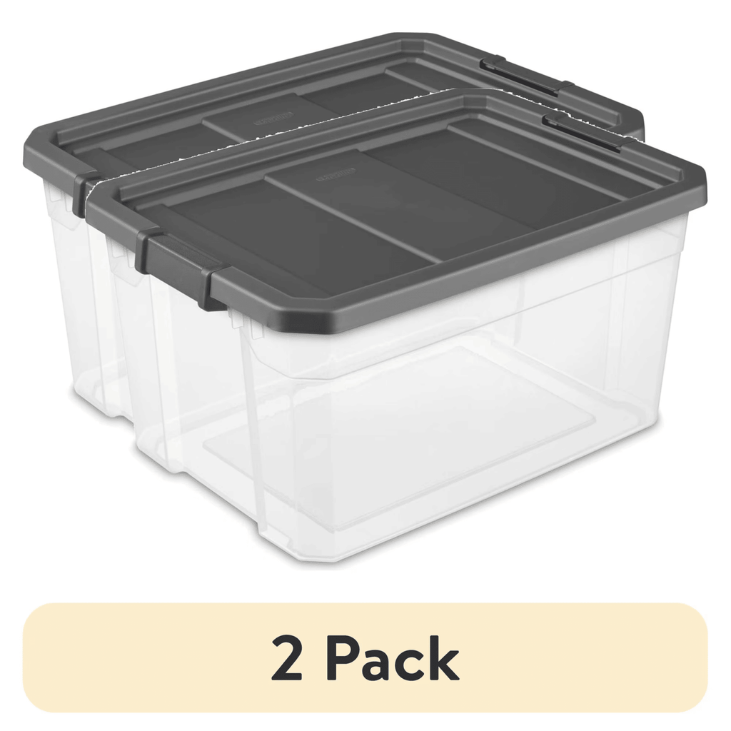 (2 pack) 76 Quart Stacker Storage Bin, Clear Plastic Storage Container with Latch Lid, Durable, Dark Gray