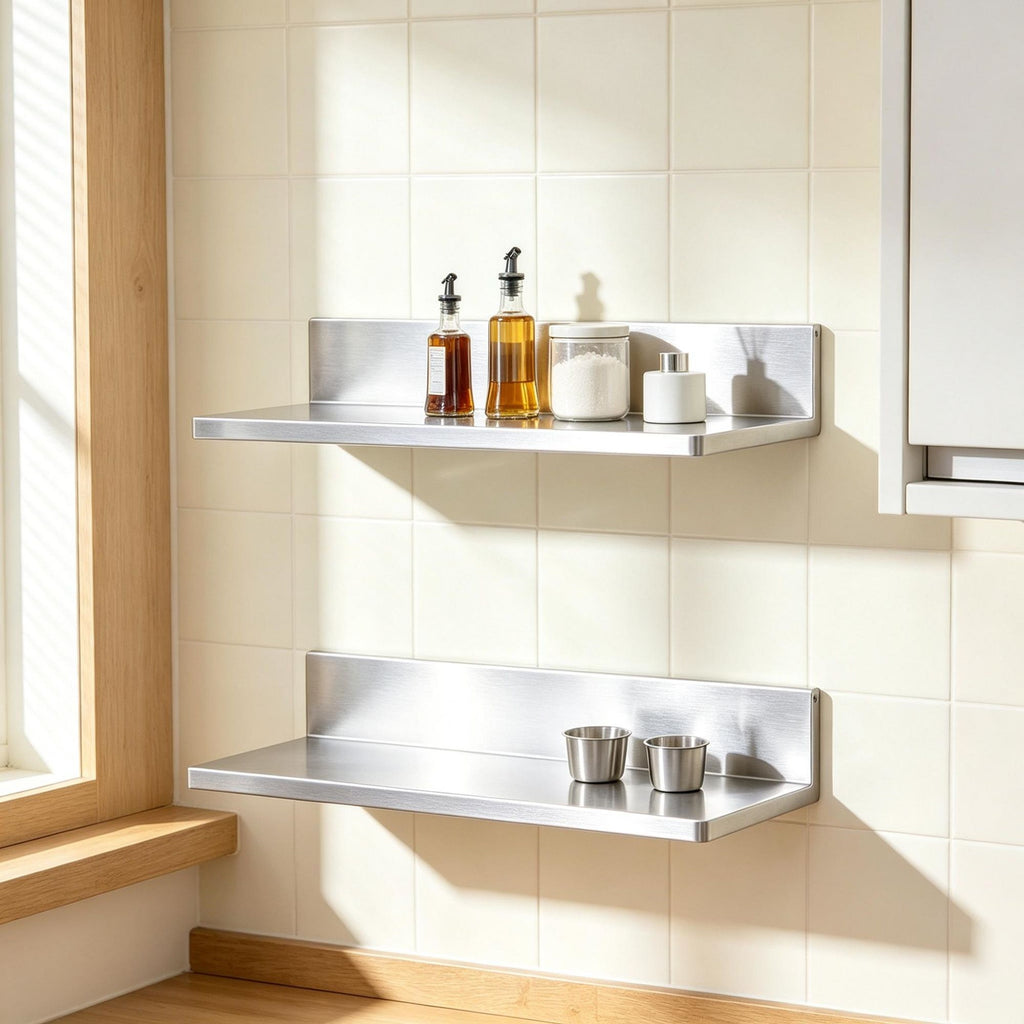 2-Pack 8.6" x 16" Stainless Steel Wall Shelves with Backsplash, 44 lbs Load Capacity, Heavy-Duty Floating Shelving for Kitchen, Restaurant & Bar