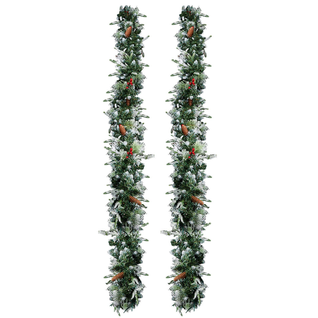 2 Pack 9FT Pre-lit Snow Flocked Christmas Garland, Lighted Artificial Xmas Garland with 200 Warm Lights and 440 Tips and Red Berries, for Front Door Gate Wall Xmas Party Decorations, Snowy Green