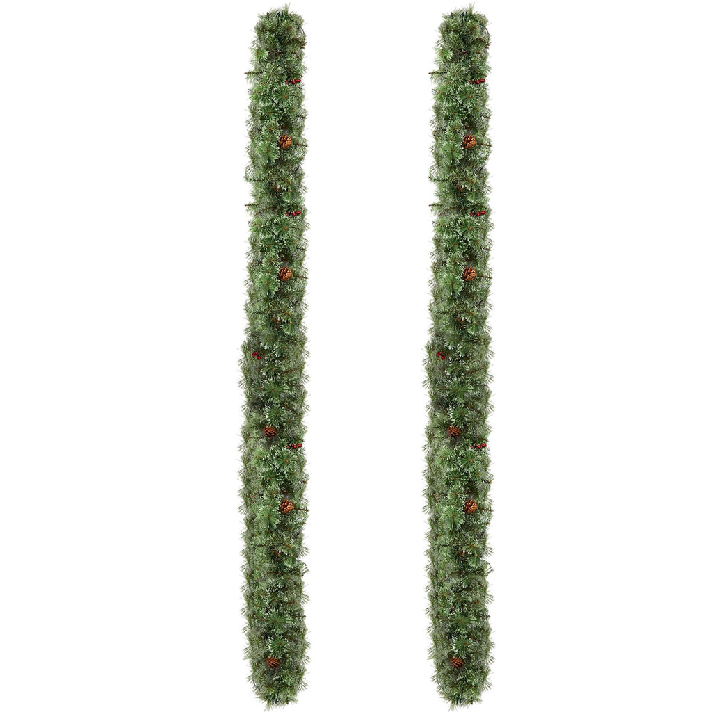 2 Pack 9FT Pre-lit Snow Flocked Christmas Garland, Lighted Artificial Xmas Garland with 200 Warm Lights and 440 Tips and Red Berries, for Front Door Gate Wall Xmas Party Decorations, Snowy Green