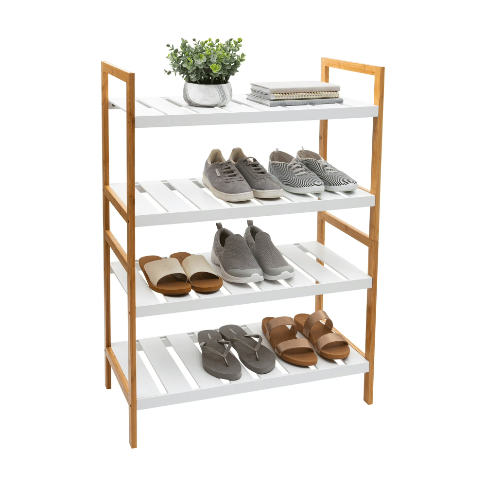 2 Pack Bamboo 4 Tier Stackable 12 Pair Shoe Rack in White