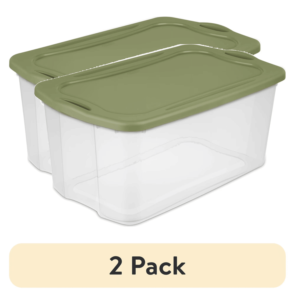 (2 pack) EZ Carry 120 Quart Extra-Large Storage Bin, Clear Plastic Storage Container with Full-Grip Handles, Green