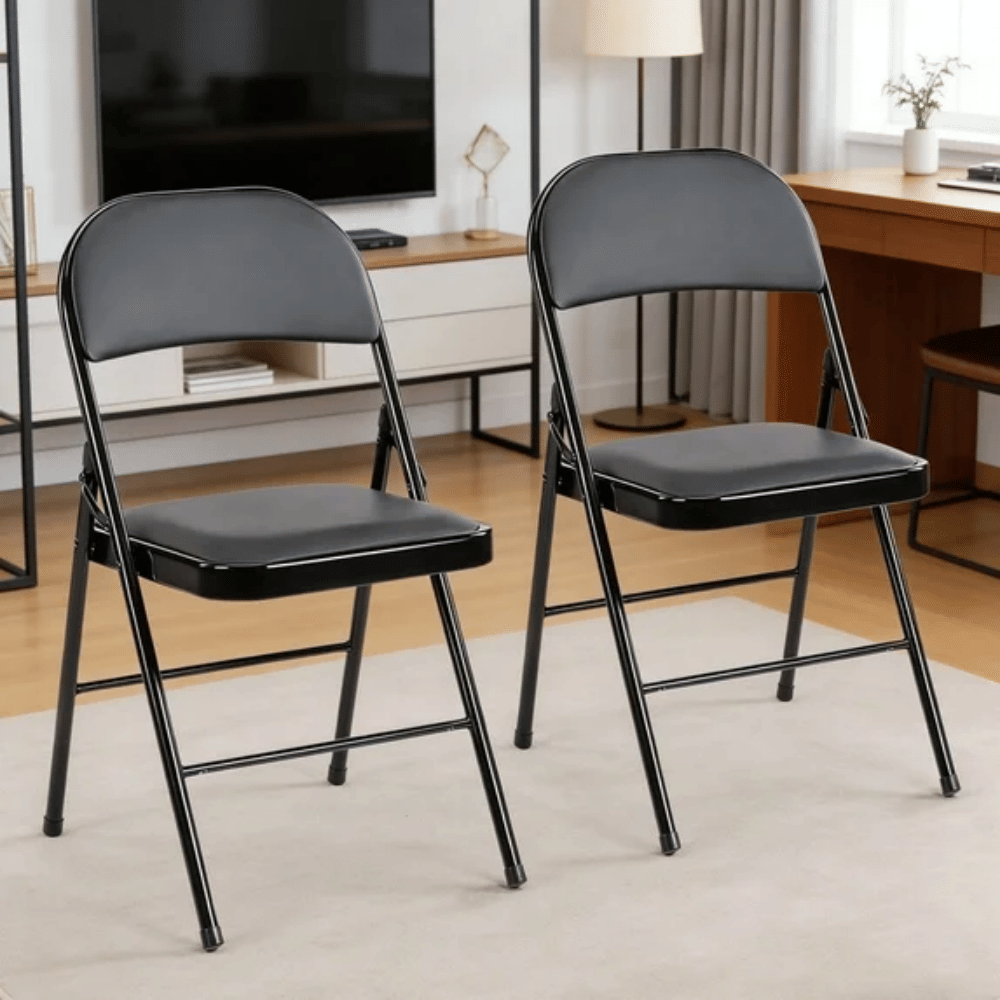 2 Pack Folding Chair Leather Padded Seat Portable Chair, Black