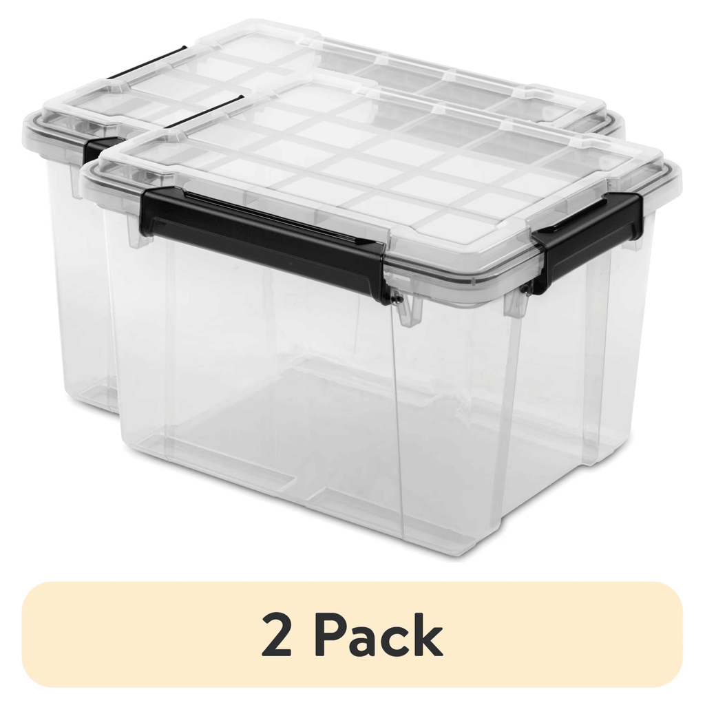 (2 pack) Gasket Box, 34 Quart IP68 WaterProof Clear Plastic Storage Bin with Lid, Gasket Seal and Durable Latches, Black