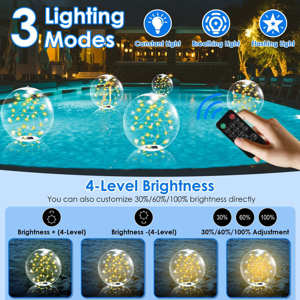 2 Pack Outdoor Solar Pool Lights, LED Light Up Balls with Remote, 3200K Warm Glow, 3 Lighting Modes & 4-Level Brightness& Auto On at Dusk, IP68 Waterproof, Perfect for Garden, Pool, Beach & Party