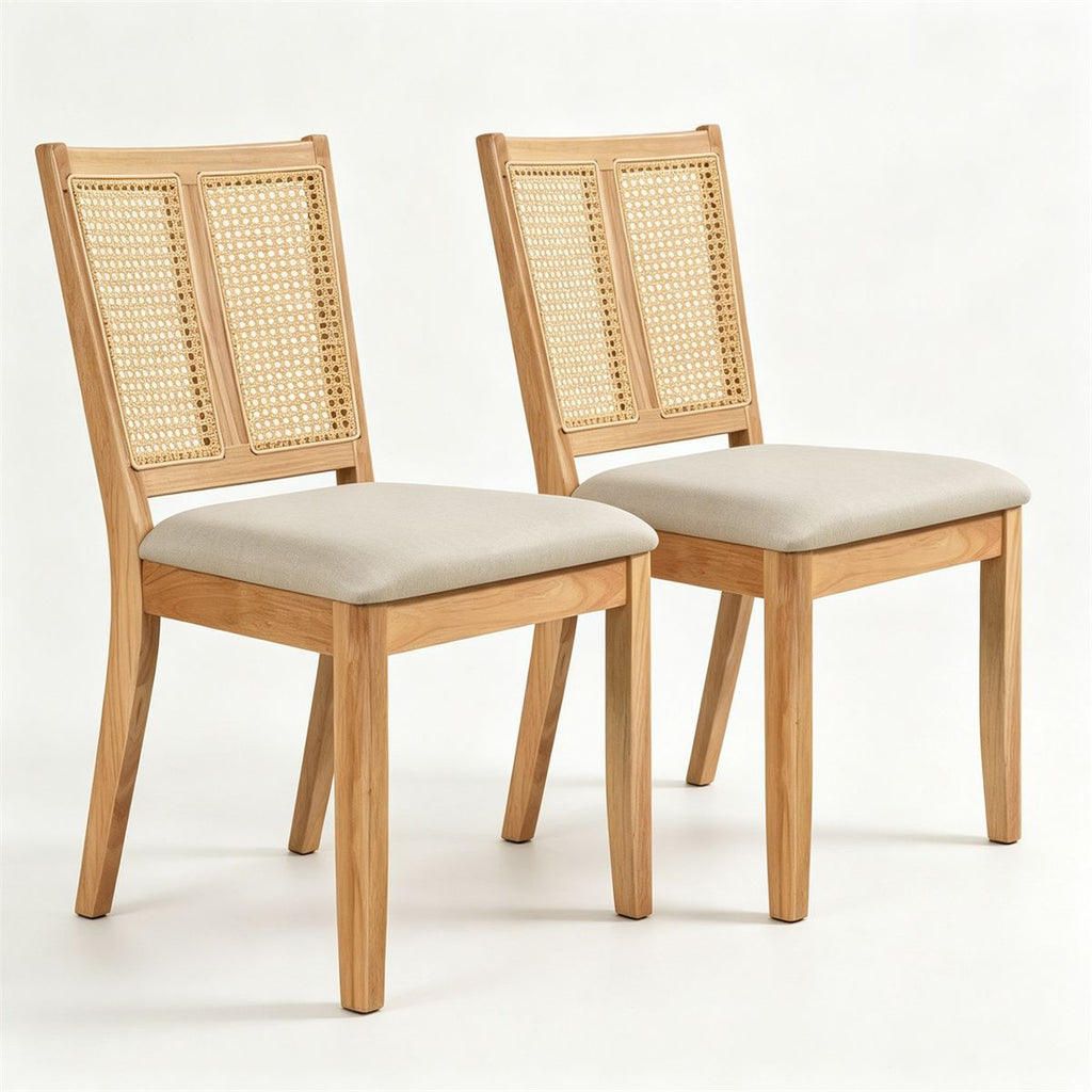 2 Pack Rubber Wood Dining Chairs, PVC Woven Rattan Back Side Chairs with Padded Fabric Seat, Ergonomic Armless Kitchen Chairs Supports 380LBS Each