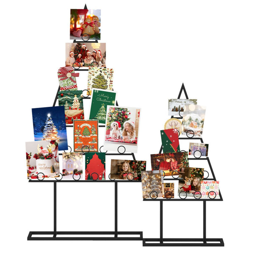 2 Pack Sturdy Metal Xmas Card Holder - Tree Shape, 15+21 Clips, 2 Stands (44.5"/30"), Black, Home/Office Holiday Display