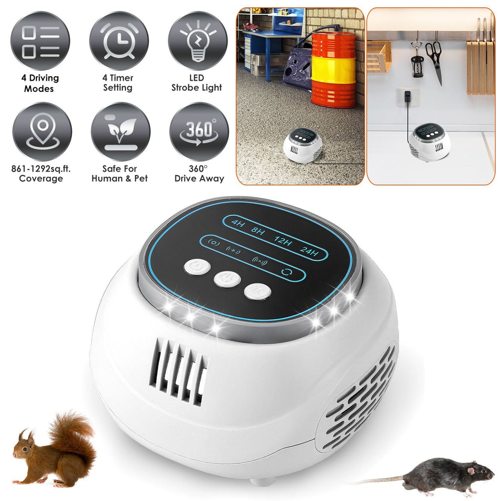 2-Pack Ultrasonic Rodent Chaser Rat Repellent Pest Driver Mouse Control Squirrel Repeller with 4 Modes 4-65KHz Strobe Light 4 Timer. Coverage for Rodent Mouse Rats Squirrels Bats