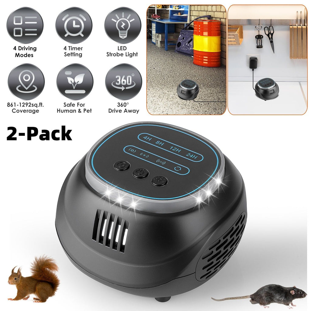 2-Pack Ultrasonic Rodent Chaser Rat Repellent Pest Driver Mouse Control Squirrel Repeller with 4 Modes 4-65KHz Strobe Light 4 Timer. Coverage for Rodent Mouse Rats Squirrels Bats