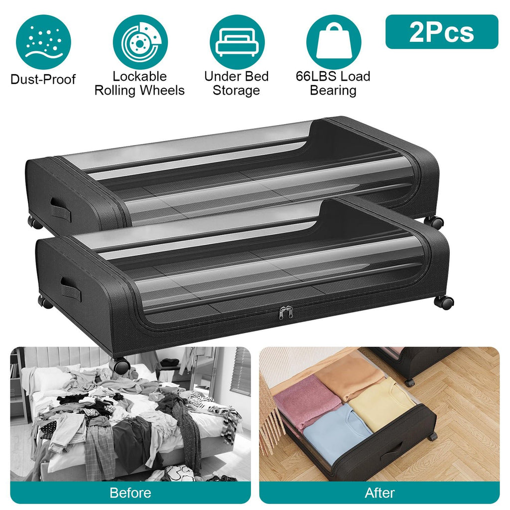 2 Pack Under Bed Storage Containers with Wheels, 42L Underbed Organizer Bin with Clear PVC Lid, Dual Zippers & Side Handles, 66LBS Load Capacity for Clothes, Shoes, Bedding, Toys