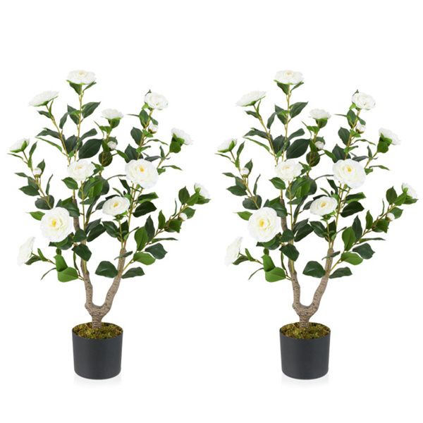 2 Pack White Artificial Camellia Tree with Blooming Flower