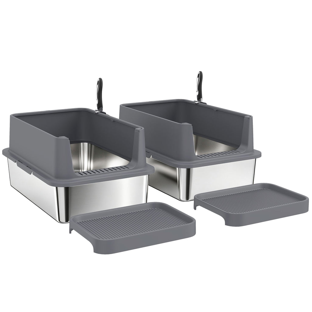 2 Pack XL Stainless Steel Litter Box, Metal Cat Litter Box High Sided with Tracking Step & Stainless Steel Scoops