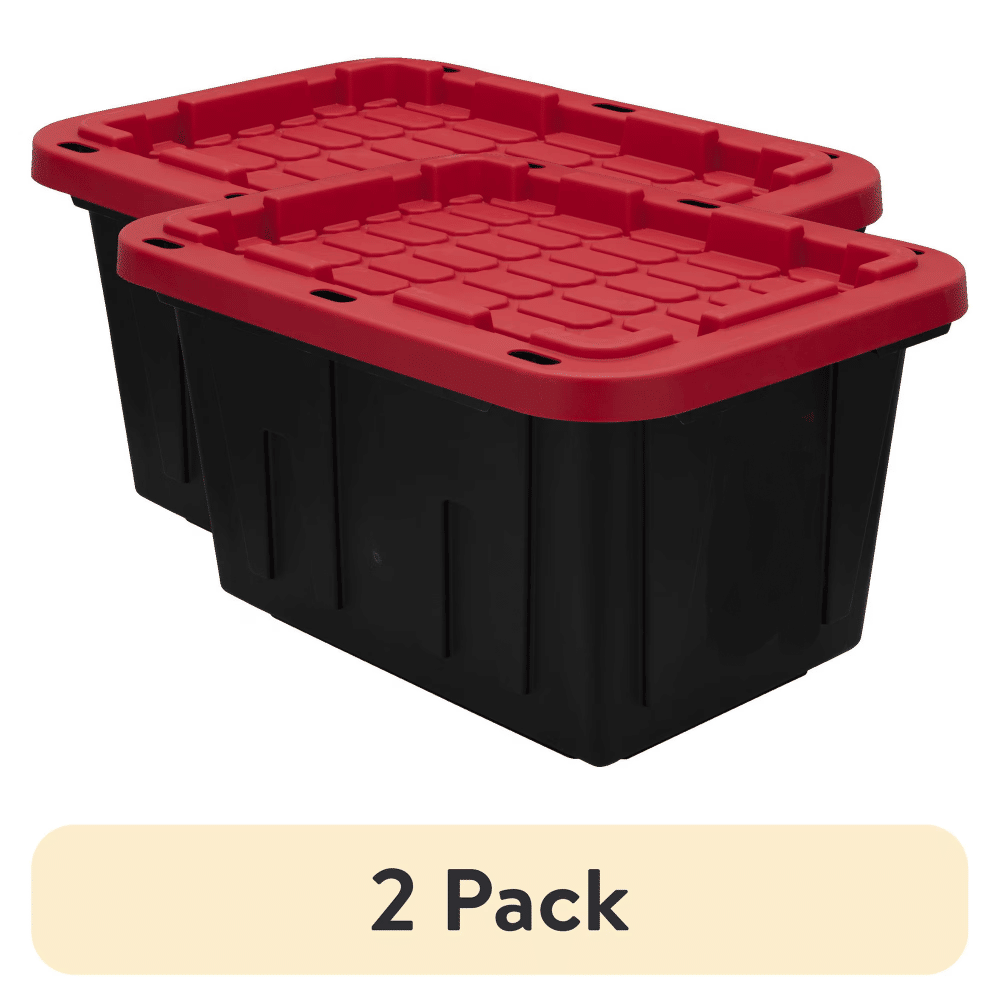 (2 pack)12 Gallon Snap LidStorageBin, Black Base with Red Lid, Heavy Duty Plastic