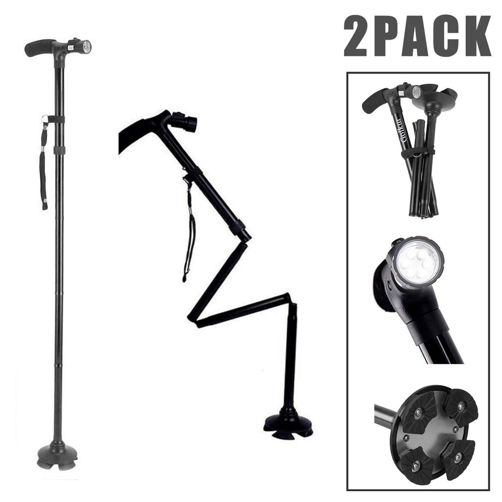 (2 Pack)5-Levels Adjustable Height Walking Stick Portable Foldable Cane Travel Camping Hiking Walking Cane w/LED Light(Logistics only For USPS.TK/TMEU only For self-pickup)