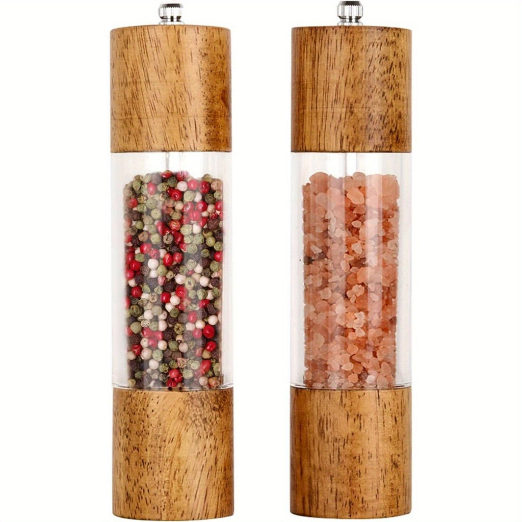 2 Packs Premium Acrylic Salt and Pepper Mill Set, Manual Salt and Pepper Grinder- Wooden Pepper Grinder Set with Adjustable Ceramic Core-Salt Grinder and Pepper Mill -8 Inches Birthday Christmas Gift