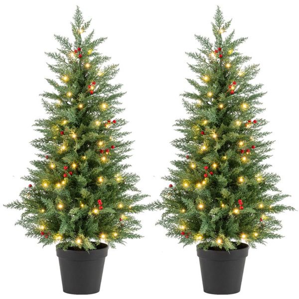 2 Pcs 4FT LED Trees Christmas with Timer and 15 Red Berry Clusters, Easy Assembl