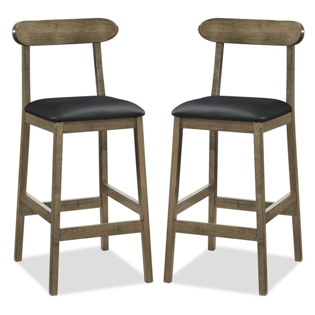 2 PCS Farmhouse Bar Stools 29.5" Seat Height, Rubber Wood Frame Faux Leather Bar Chairs, Oak+Black