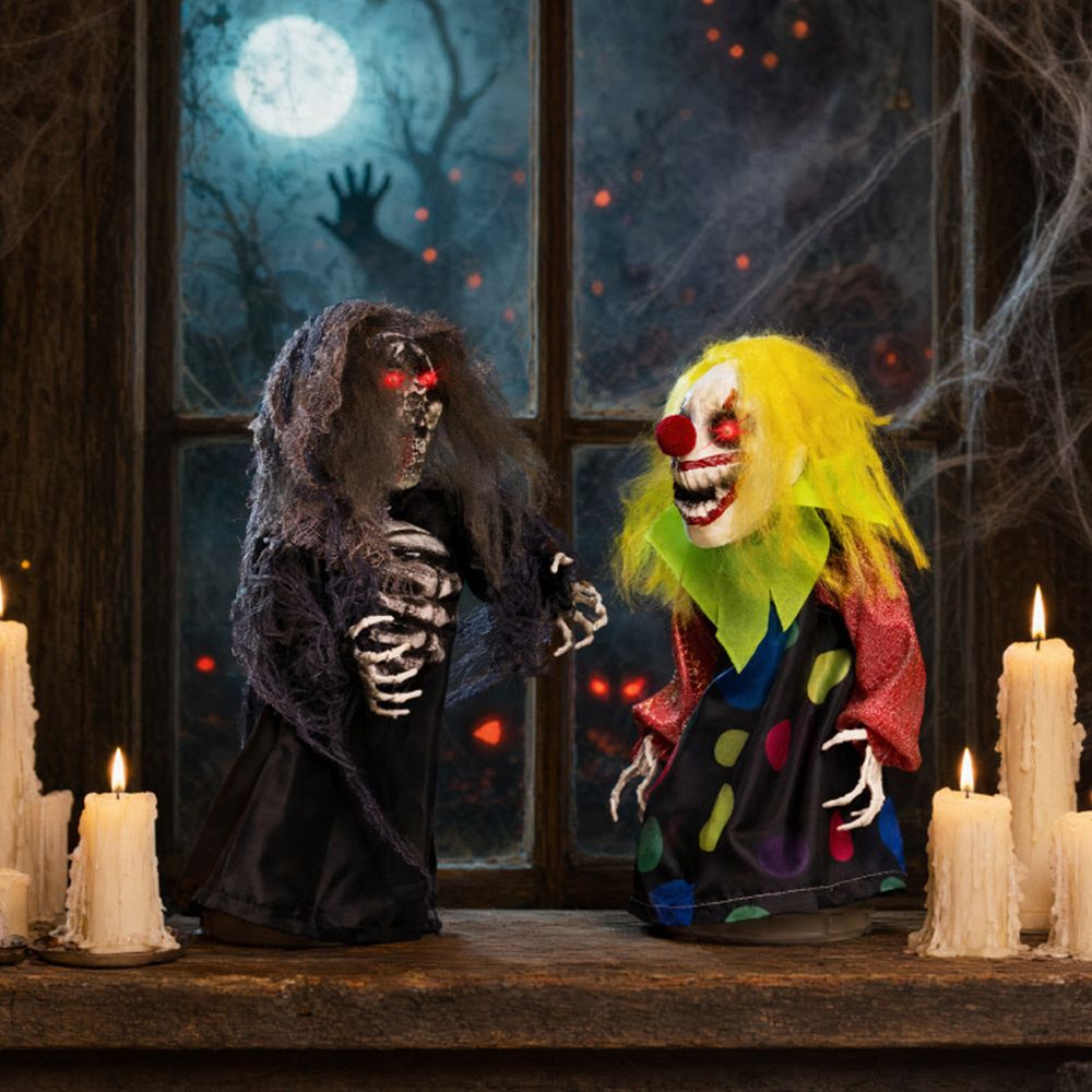 2 Pcs Halloween Animatronics Clown and Reaper Tabletop Decorations