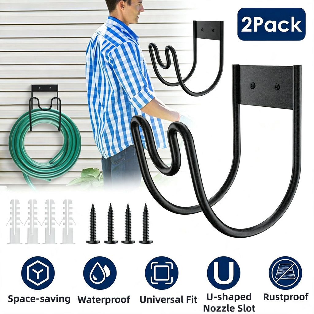 2 PCS Wall Mount Garden Hose Holder, 304 Stainless Steel Hose Hanger with UShaped Nozzle Slot, Holds Up to 150ft 1/2Inch Hose for Yard, Patio & Outdoor Organization