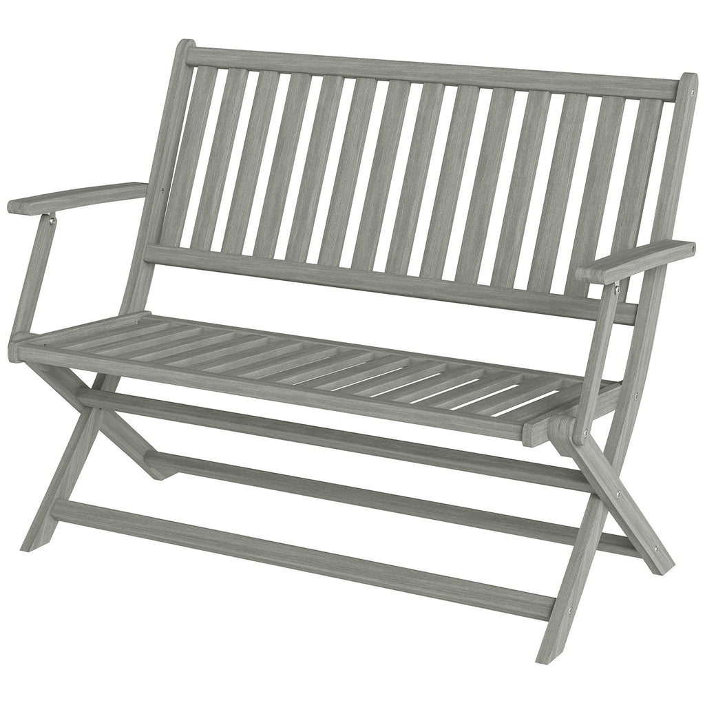 2-Person Foldable Wood Outdoor Bench with Backrest and Armrests for Garden, Porch, Park, Balcony, Gray