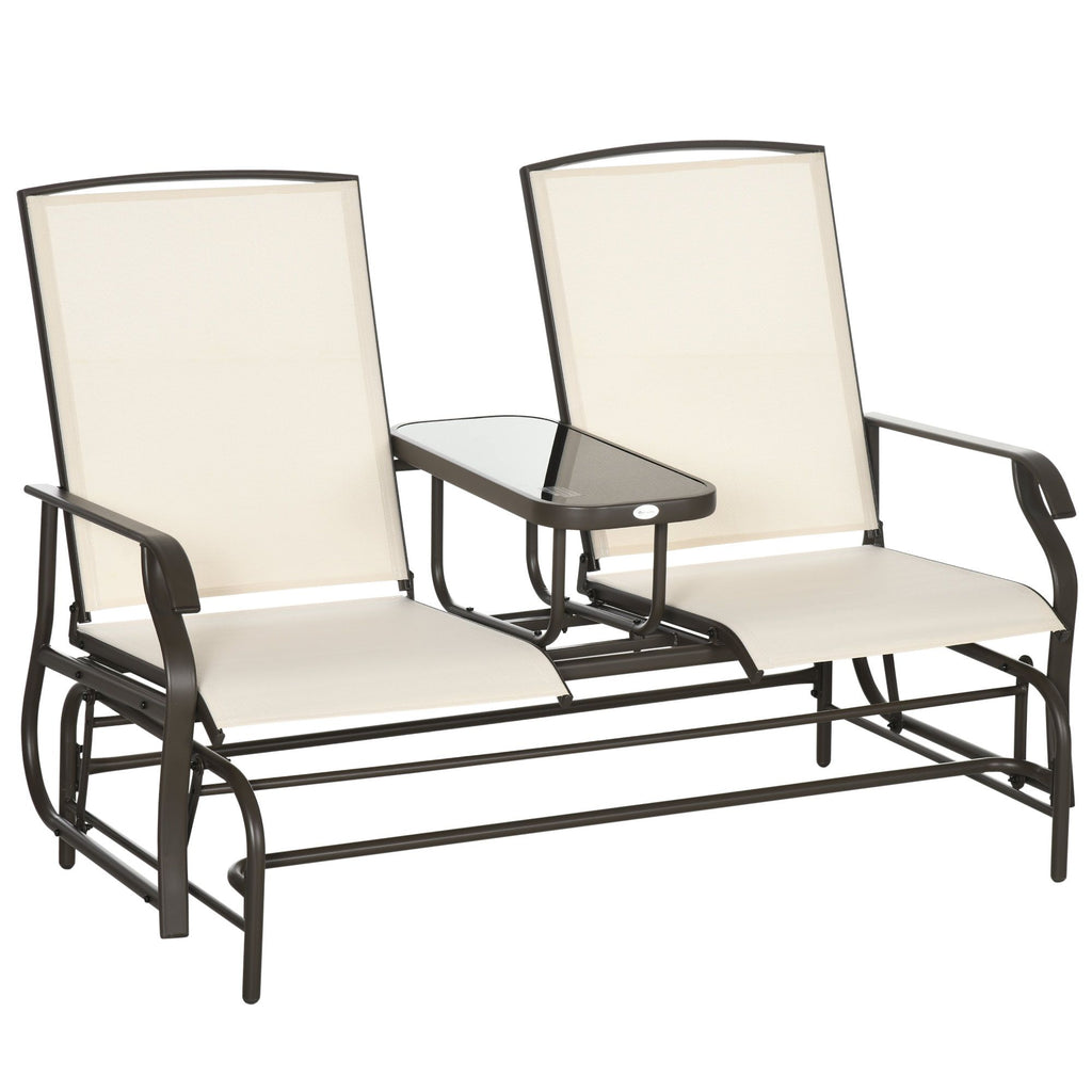 2-Person Glider Outdoor Glider Bench with Center Table, Metal Bench for Backyard Garden Porch, Beige