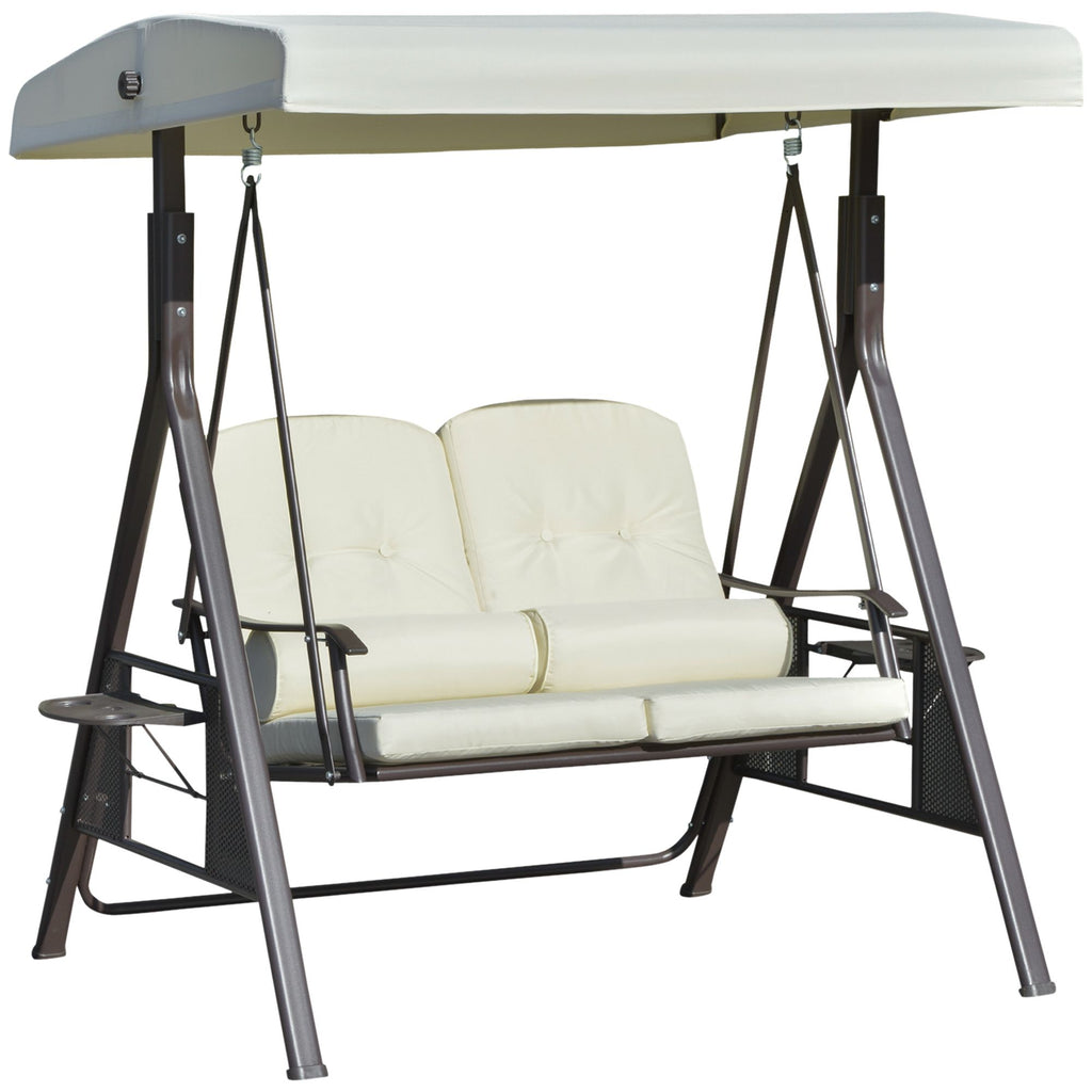 2-Person Outdoor Swing Seat with Adjustable Canopy, Cushioned, Tray, Poolside Lounger, Beige